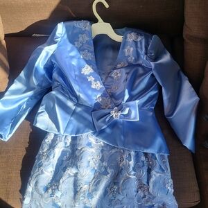 Blue Satin and Lace Prom Dress with Embellished Floral Accents